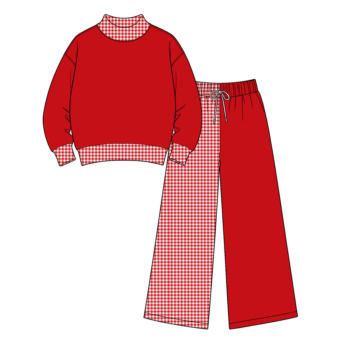Preorder (moq 5) Baby Girl Clothes Red Solid Gingham Patchwork Print Long Sleeve Wide Leg Pant Set