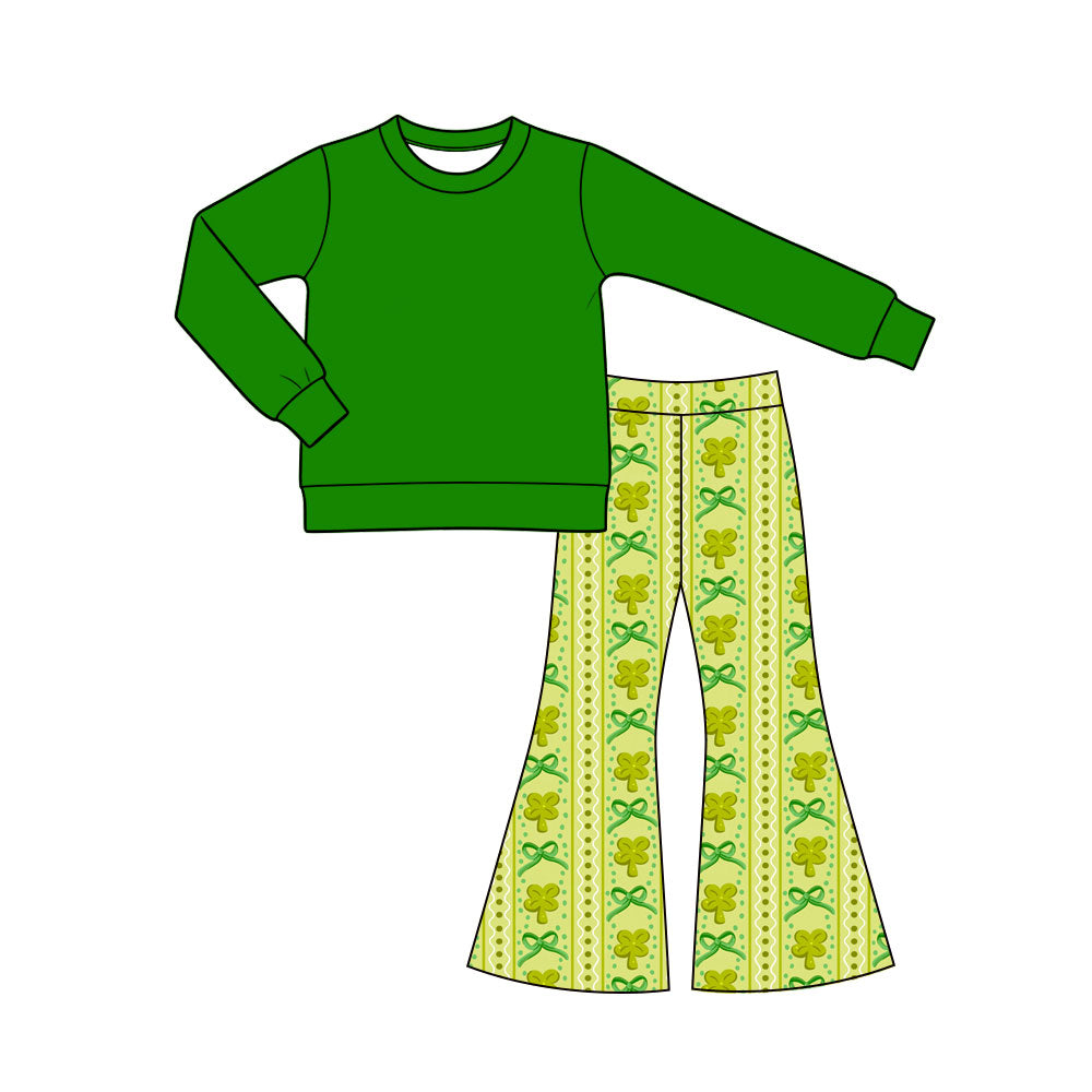 Preorder (moq 5) Baby Girl Clothes St Patricks Day Dotted Clover Bow Vertical Print Long Sleeve Flare Pant Set