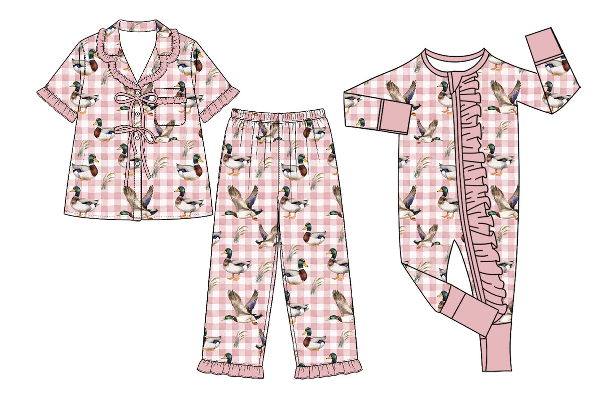 Preorder (moq 5) GSPO2428 Baby Girl Clothes Pink Gingham Duck Mix Print Short Sleeve Pajama Pant Set