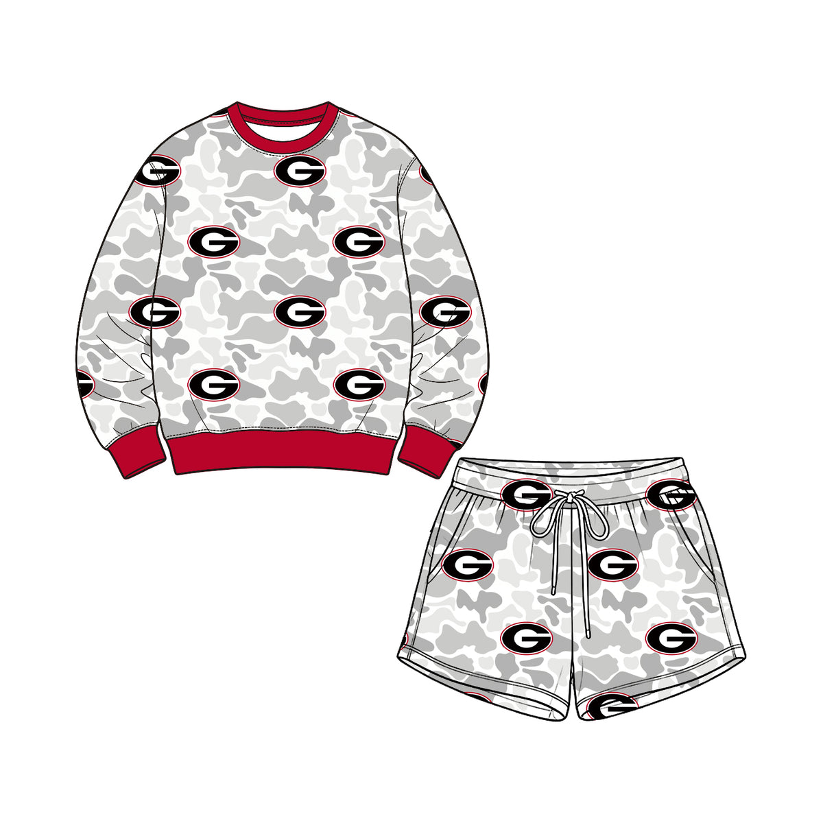 Preorder (moq 5) Georgia Baby Clothes Grey Camo Logo Mixed Print Long Sleeve Sweatshirt Shorts Outfit Set