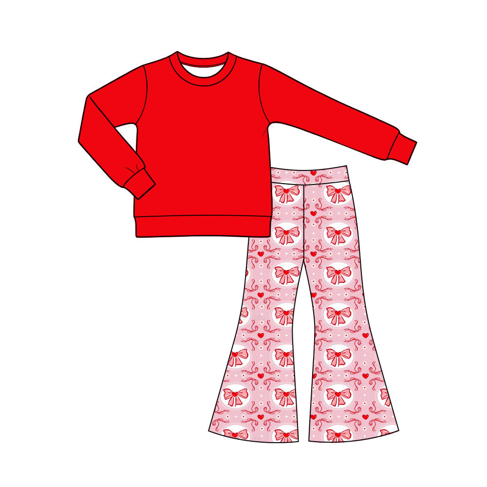 Preorder (moq 5) Baby Girl Clothes Solid Red Top Bow Heart Circle Print Flare Pants Outfit Set