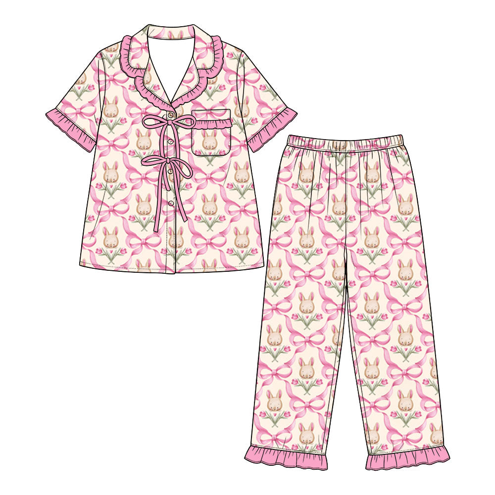Preorder (moq 5) Baby Girl Clothes Easter Bunny Pink Bow Tulip Print Short Sleeve Ruffle Pajama Set