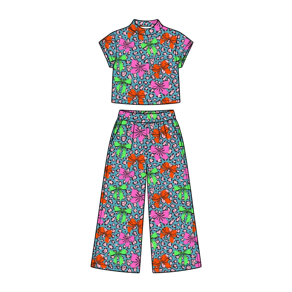 Preorder (moq 5) Baby Girl Clothes Leopard Bright Bow Allover Print Short Sleeve Mock Neck Crop Top Wide Leg Pants Set