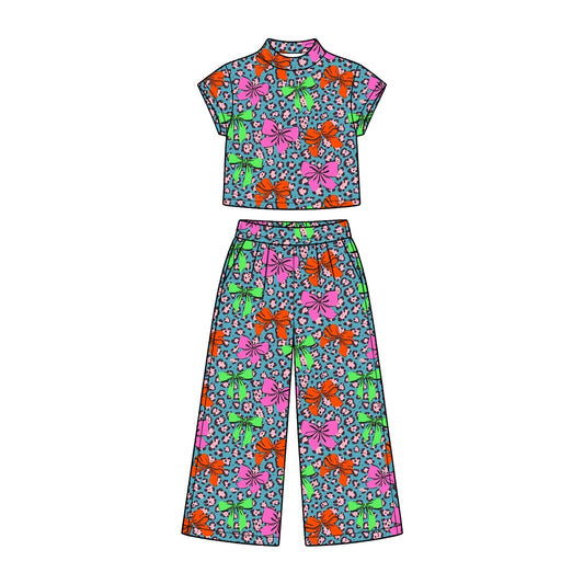 Preorder (moq 5) Baby Girl Clothes Leopard Bright Bow Allover Print Short Sleeve Mock Neck Crop Top Wide Leg Pants Set