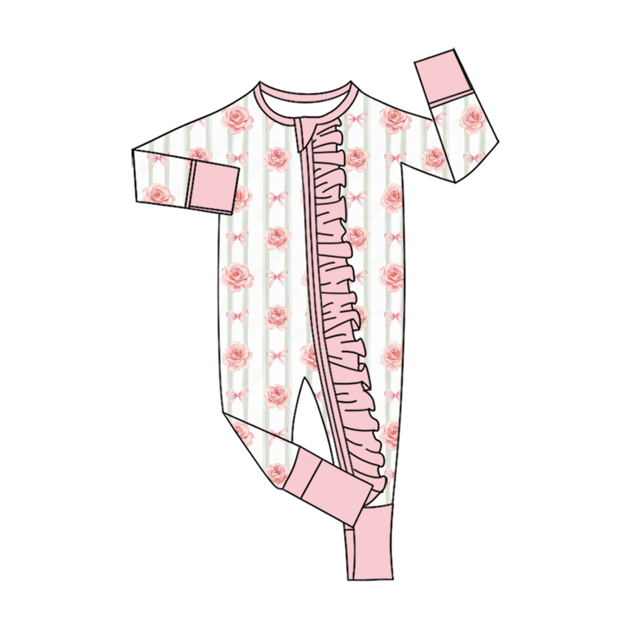 Preorder (moq 5) Baby Girl Clothes Rose Bow Stripe Print Ruffle Zipper Long Sleeve Jumpsuit