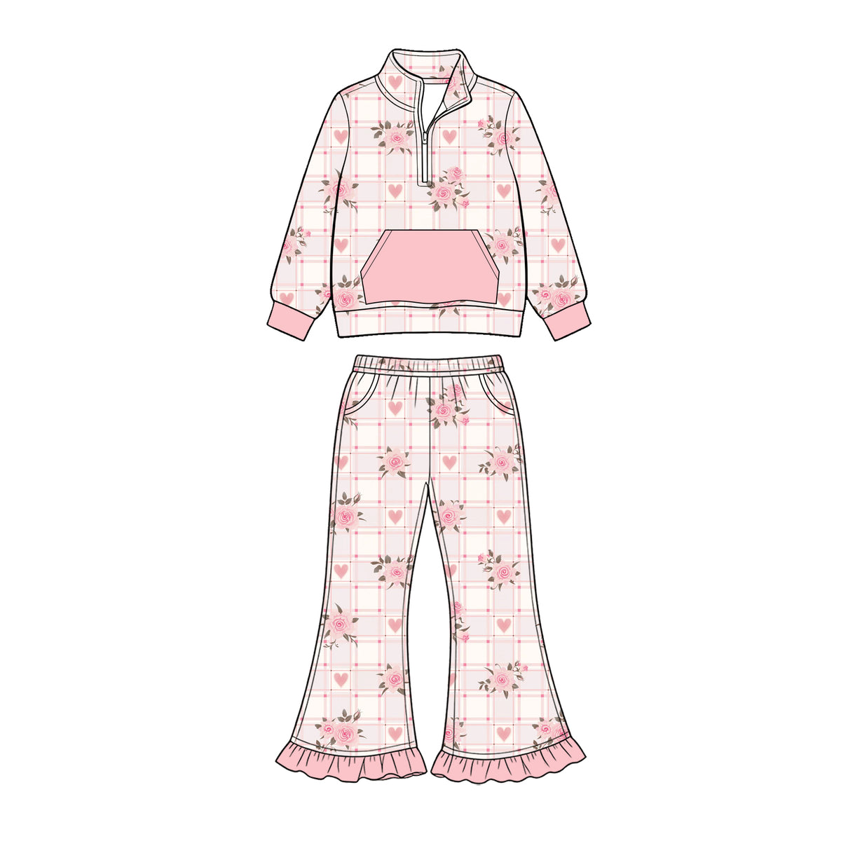 Preorder (moq 5) Baby Girl Clothes Plaid Rose Heart Allover Print Long Sleeve Half Zip Flare Pant Set
