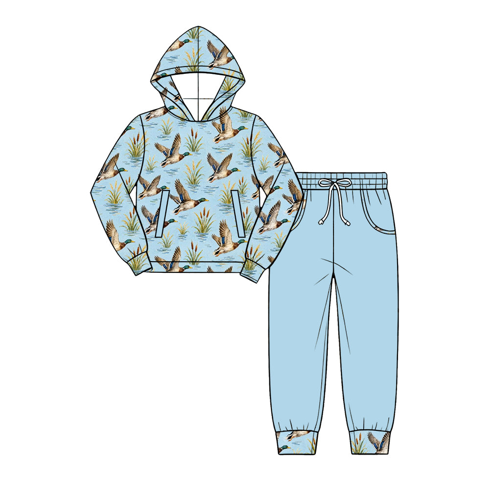 Preorder (moq 5) Baby Boy Clothes Sky Blue Flying Mallard Duck Reeds Print Long Sleeve Hooded Top Jogger Pant Set