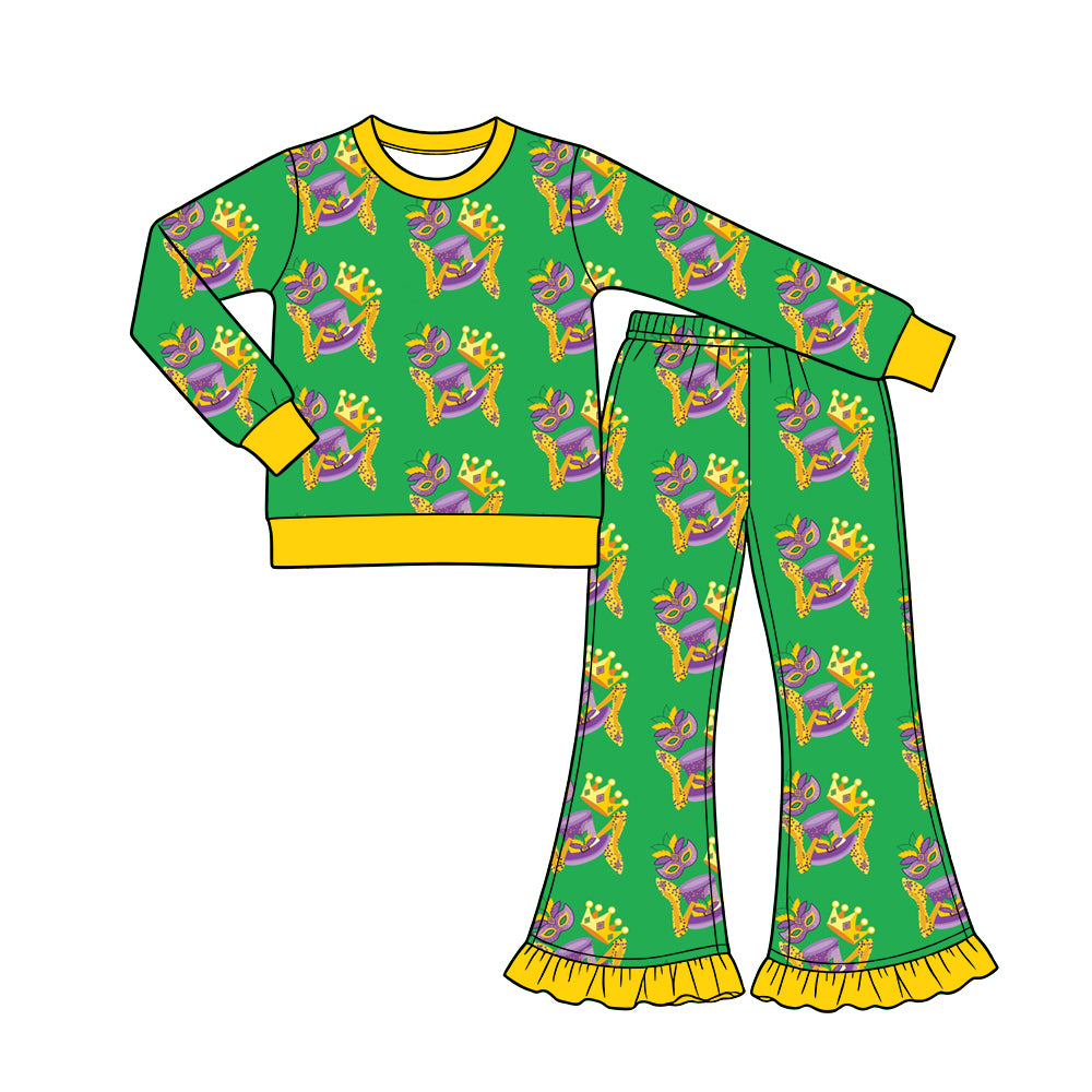 Preorder (moq 5) Baby Girl Clothes Mardi Gras Mask Crown Leopard Mixed Print Long Sleeve Flare Pant Set