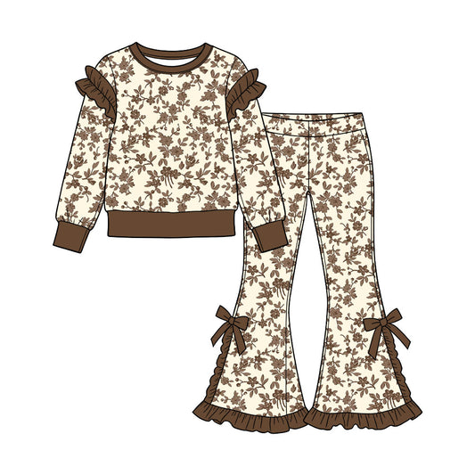 Preorder (moq 5) Baby Girl Clothes Vintage Brown Floral Print Long Sleeve Ruffle Top Bow Flare Pant Set