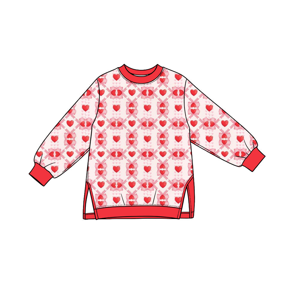 Preorder (moq 5) Baby Girl Clothes Red Heart Bow Checker Mixed Print Long Sleeve Side Slit Tunic Top
