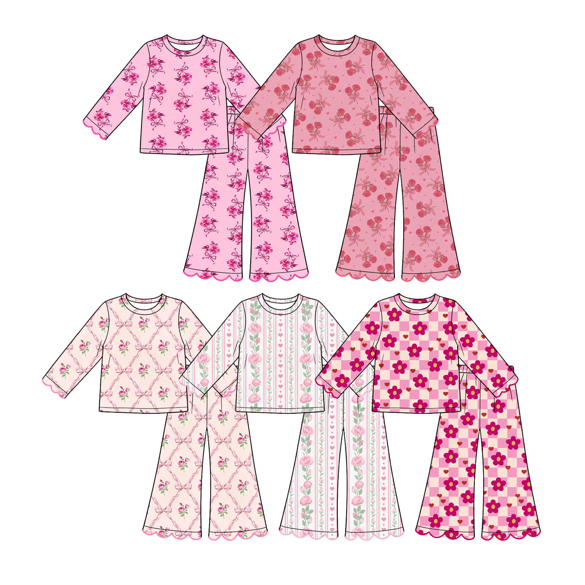 Preorder (moq 5) Baby Girl Clothes Valentine Pink Rose And Tiny Heart Allover Print Long Sleeve Scallop Flare Pant Set