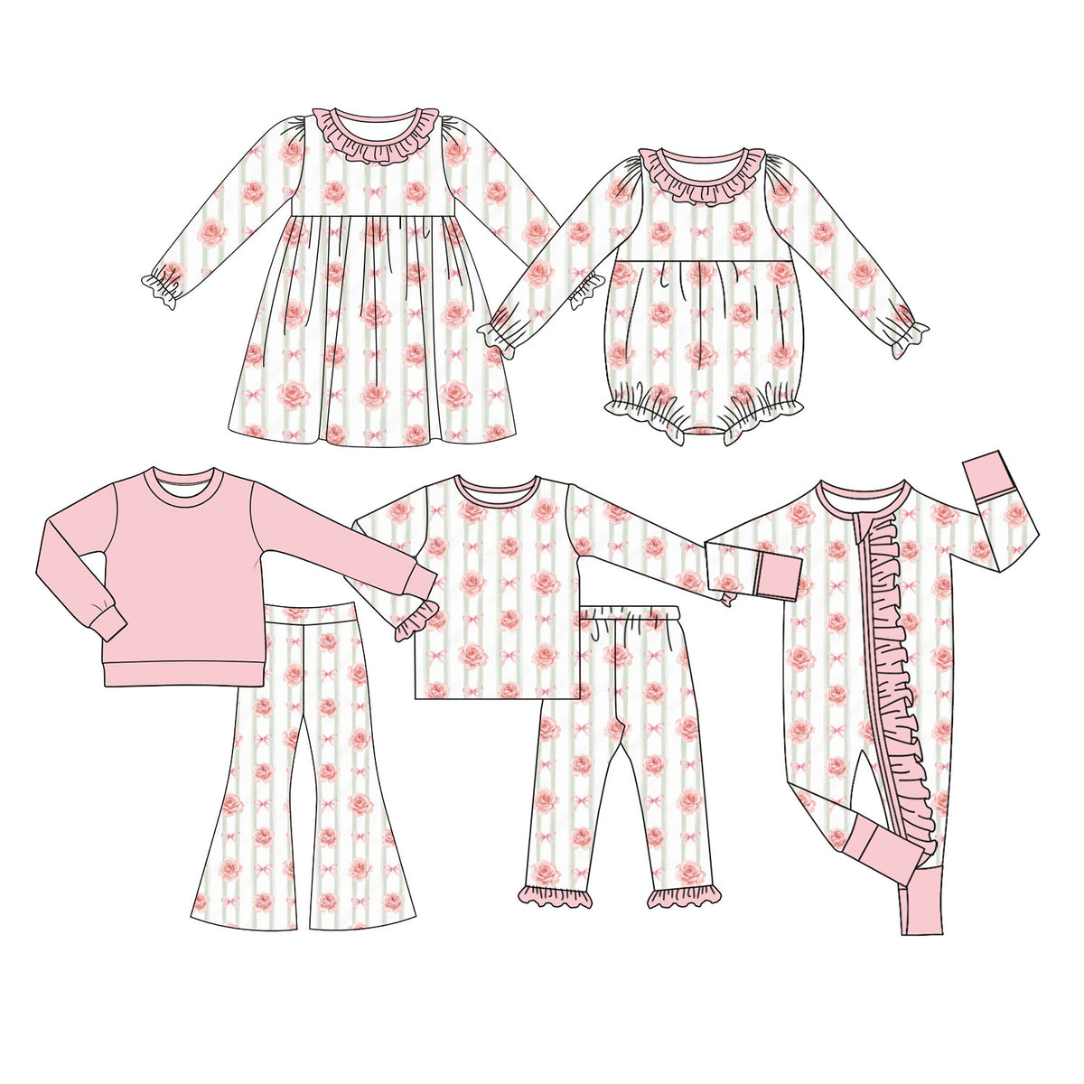 Preorder (moq 5) Baby Girl Clothes Rose Bow Stripe Print Ruffle Zipper Long Sleeve Jumpsuit
