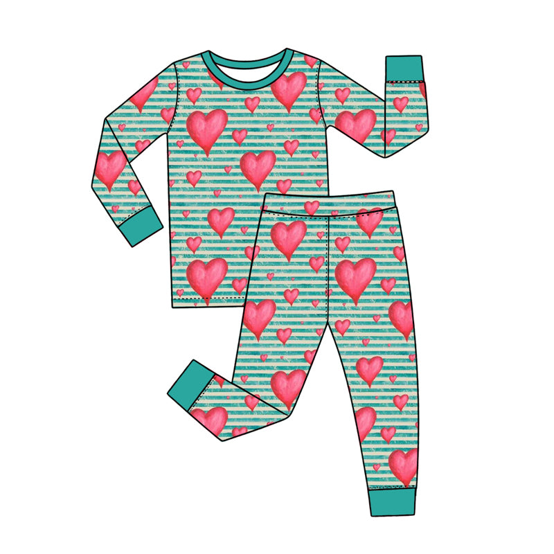 Preorder (moq 5) Baby Girl Clothes Watercolor Heart Striped Print Long Sleeve Top Pant Pajama Set