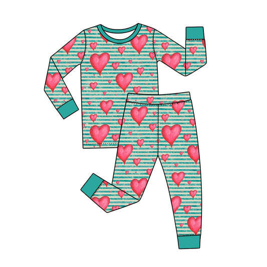 Preorder (moq 5) Baby Girl Clothes Watercolor Heart Striped Print Long Sleeve Top Pant Pajama Set
