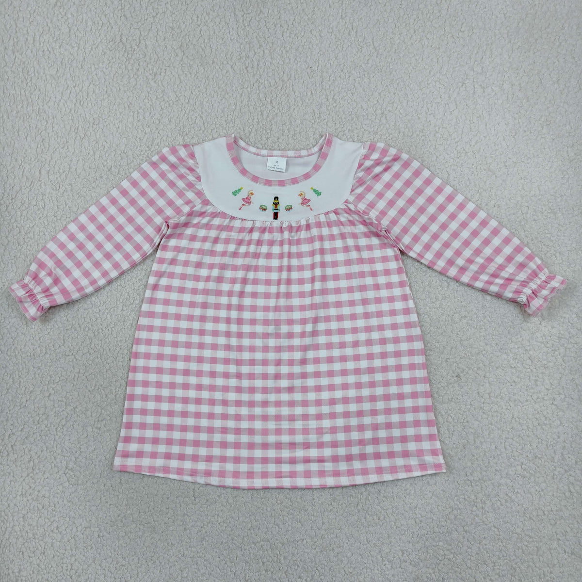 NO MOQ RTS GLD0610-embroidery Baby Girl Clothes Pink Gingham Nutcracker Embroidery Long Sleeve Nightgown Dress 202610