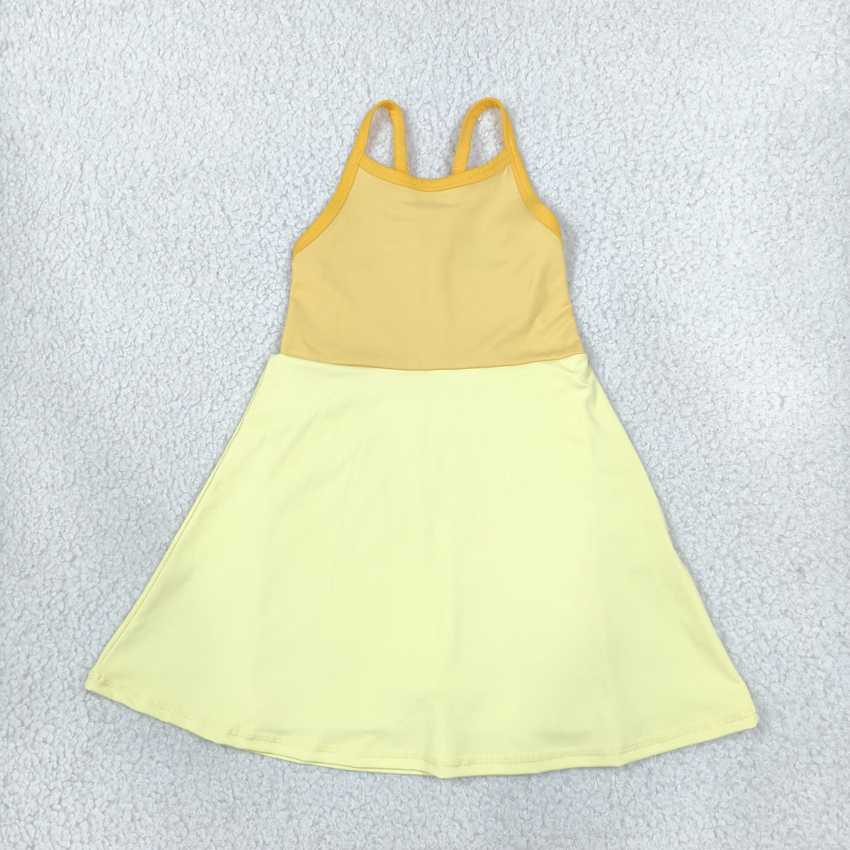 NO MOQ RTS GSD3982(1)-yoga Baby Girl Clothes Two Tone Yellow Sleeveless Spaghetti Strap Swing Dress 202610