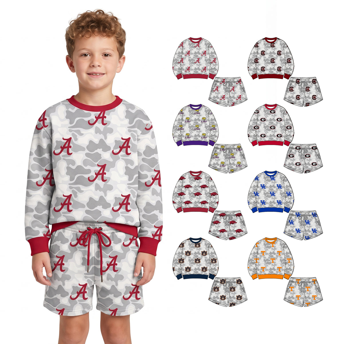 Preorder (moq 5) Auburn Baby Clothes Grey Camo Logo Mixed Print Long Sleeve Sweatshirt Shorts Outfit Set