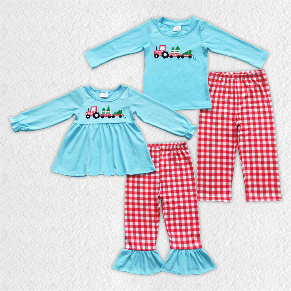 BLP0248 embroidery Christmas tractor long sleeve cartoon pants boy girl outfit 20230831 RTS