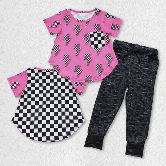 GSPO0817 western checkerboad flash short sleeve black jogger girl outfit 20230727 RTS