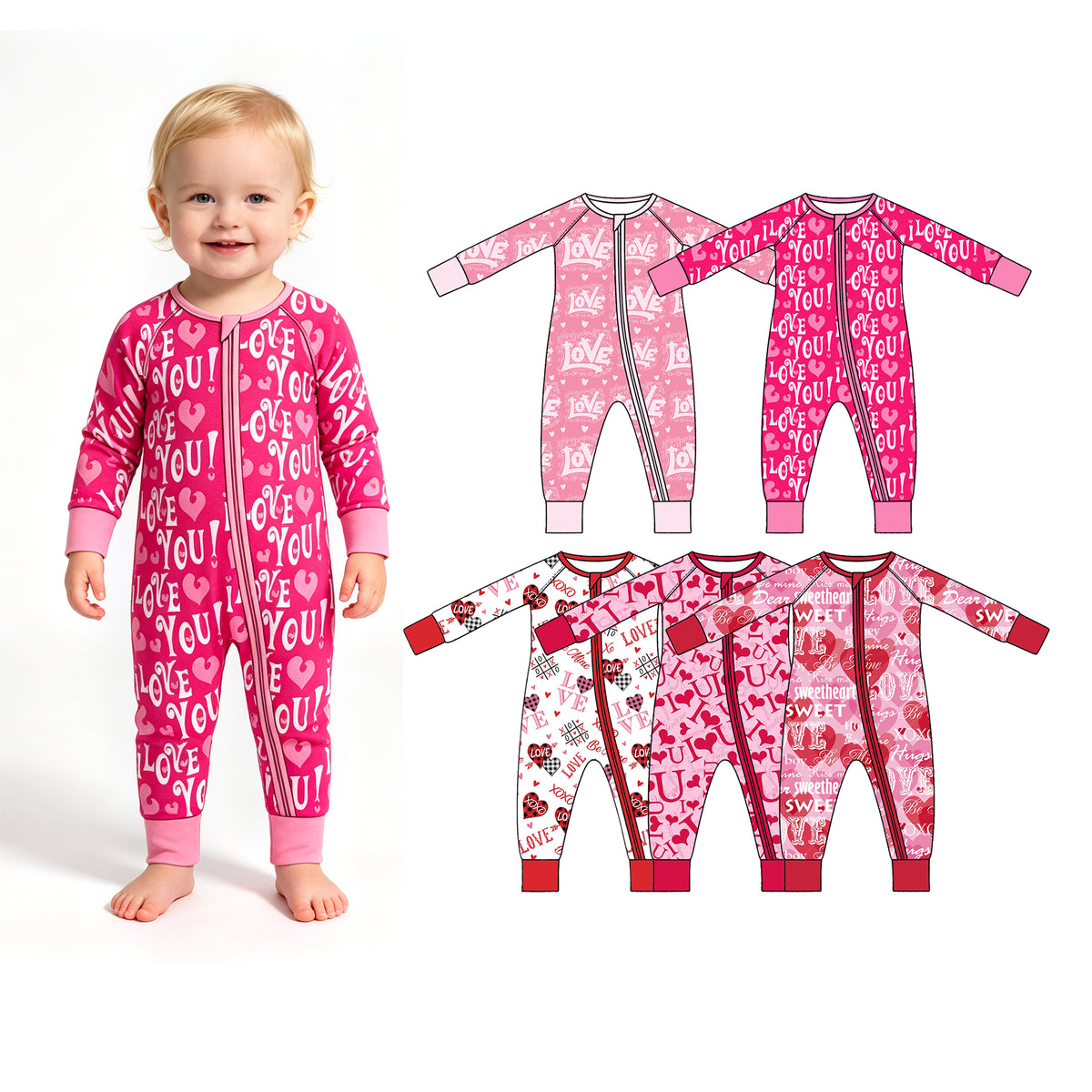 Preorder (moq 5) Baby Girl Clothes Valentines I Love You Bold Letter Heart Print Zipper Sleeper