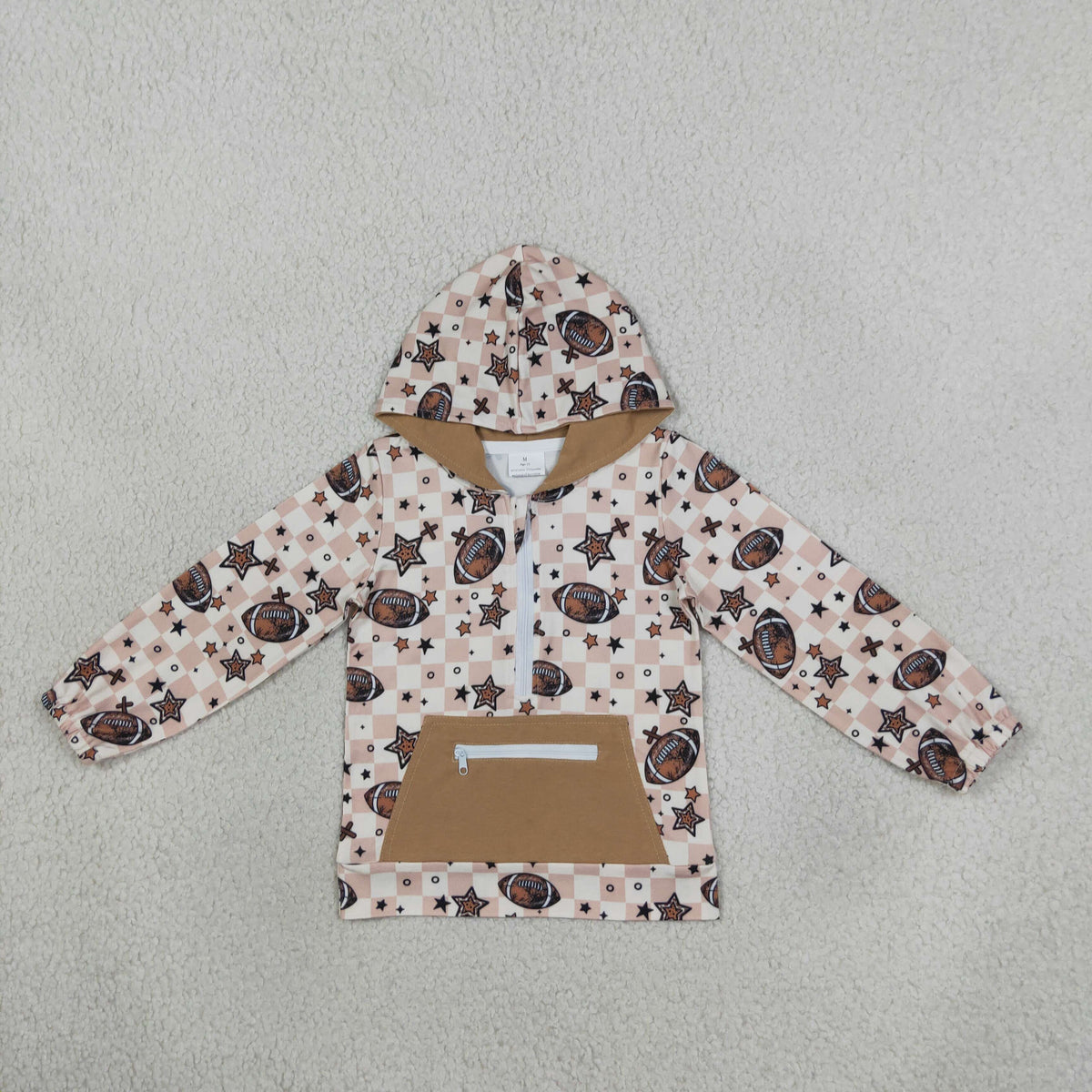 NO MOQ RTS BT1318 Baby Boy Clothes Football Star Checker Allover Print Long Sleeve Half Zip Hoodie 202610