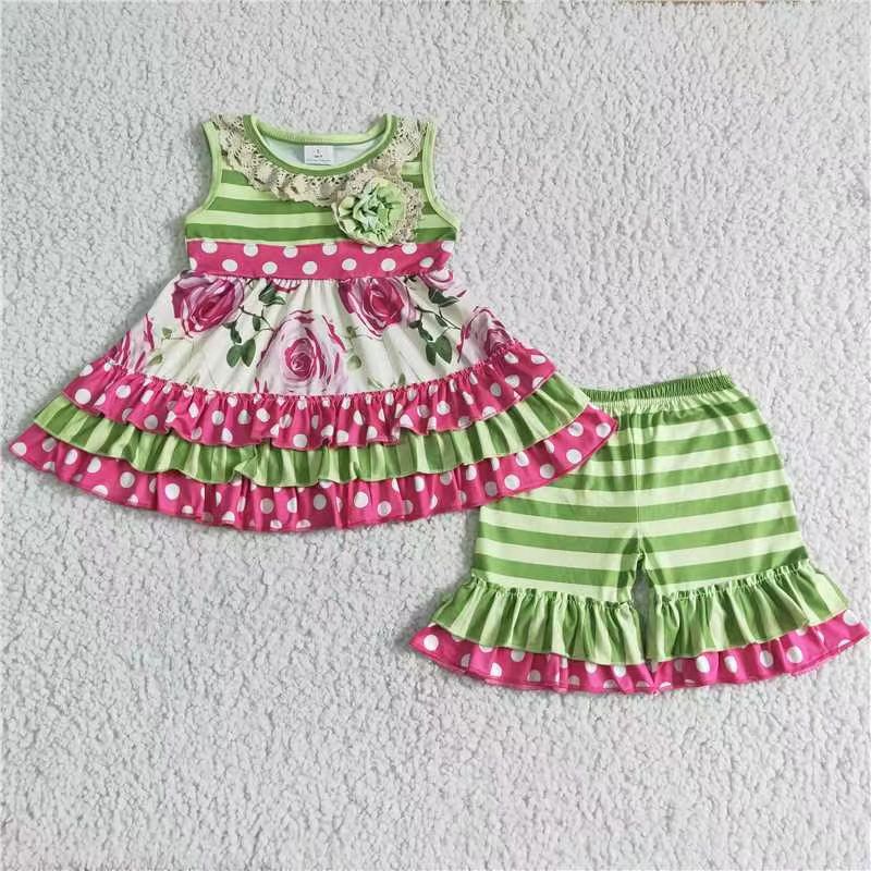 C9-23 flower red dot green stripe floral ruffles short sleeve summer girl shorts outfit 1229 RTS