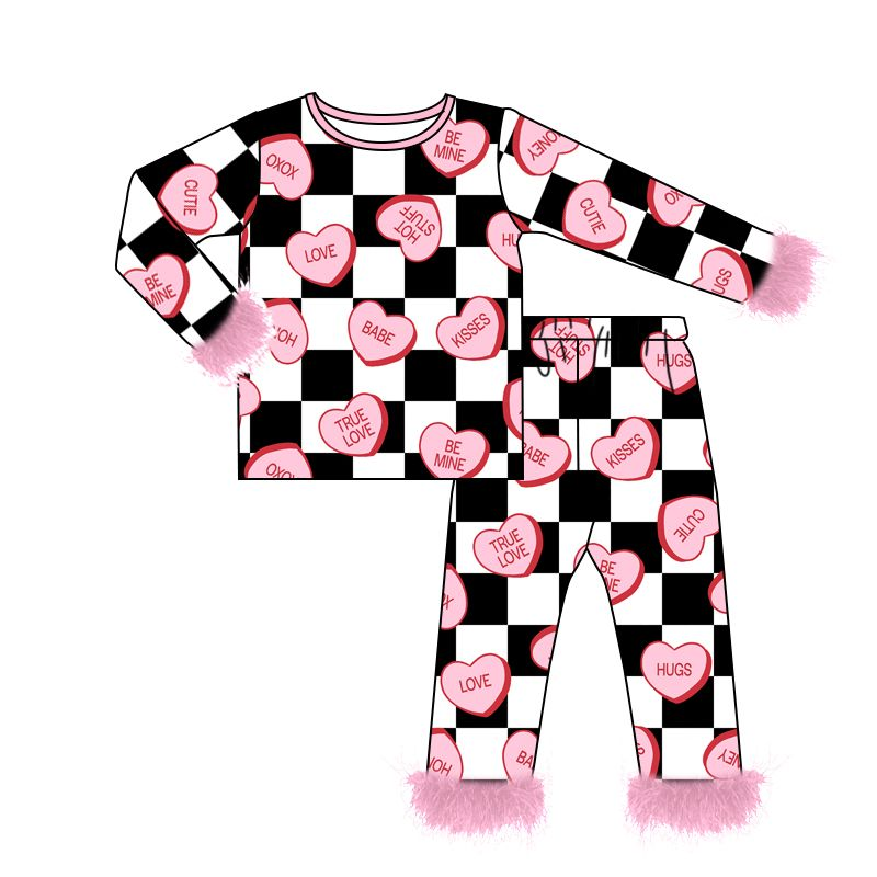 GLP2211 checkerboard love Valentine's Day  fluffy fur love baby clothes girl  pajamas outfit 202411 preorder sibling