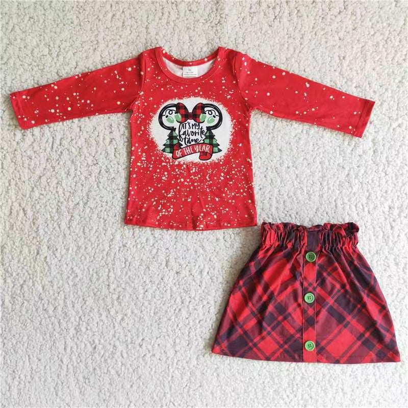 promotion 6A1-20 Christmas red plaid skirt cartoon mouse long sleeve girl outfit 20230613 RTS