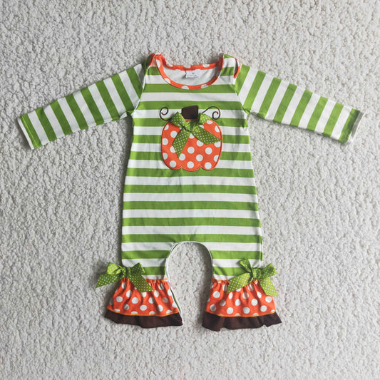 6 A10-26 RTS pumpkin embroidery stripe halloween long sleeve stripe girl romper