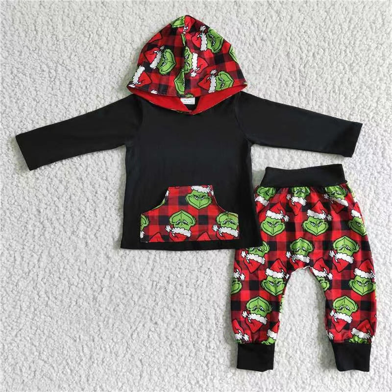 6A10-29 christmas red black green cartoon pocket hoodies boy outfit 20230623