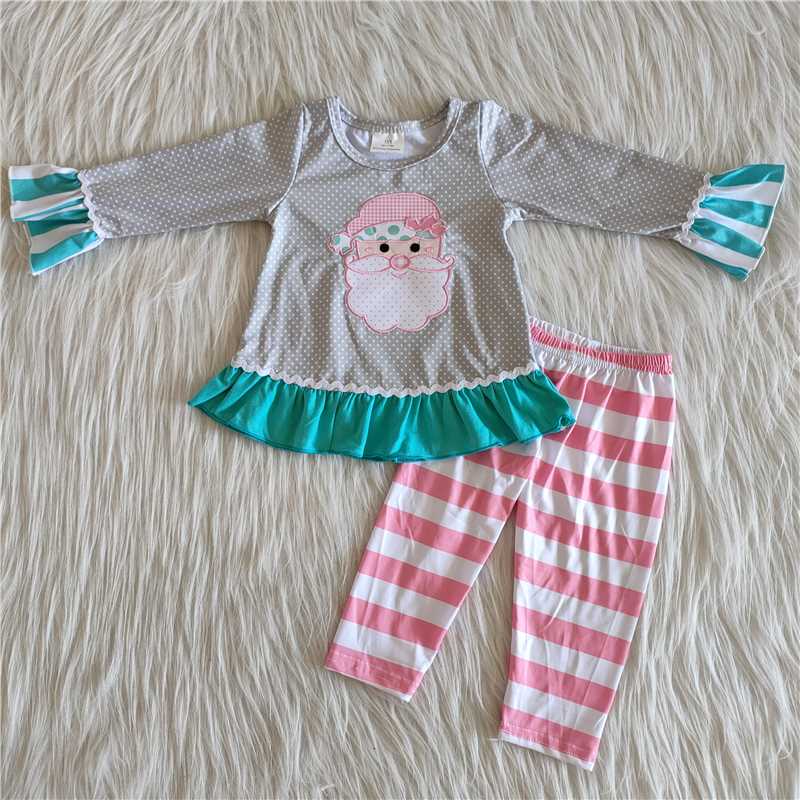 promotion 6 A11-27 Christmas santa blue ruffles grey dot pink stripe long sleeve legging pant outfits 0627 RTS