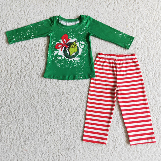 promotion 6 A12-4 Christmas stripe green cartoon long sleeve pants girl outfit  RTS