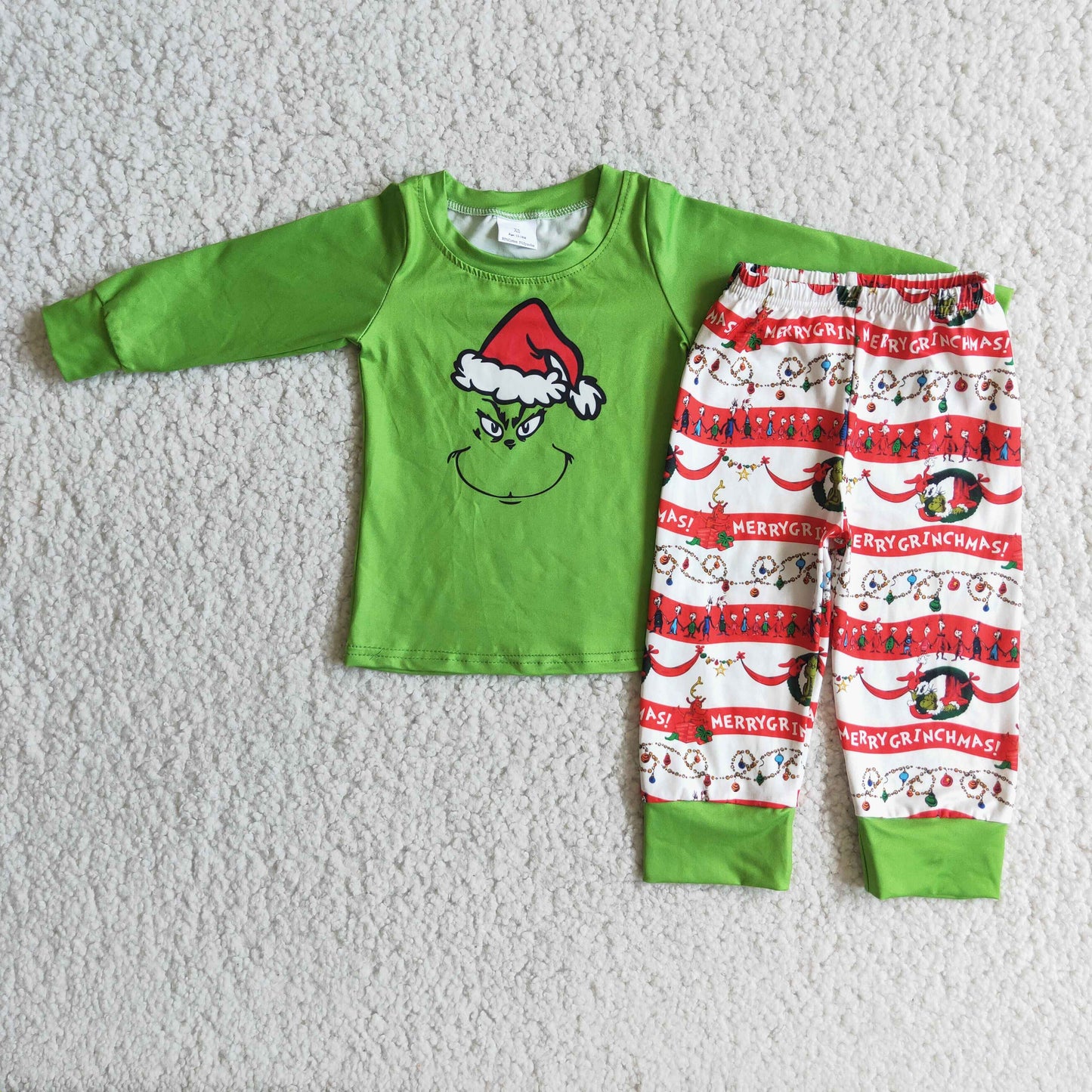 promotion 6 A14-19- Christmas stripe green cartoon long sleeve pants girl outfit  RTS