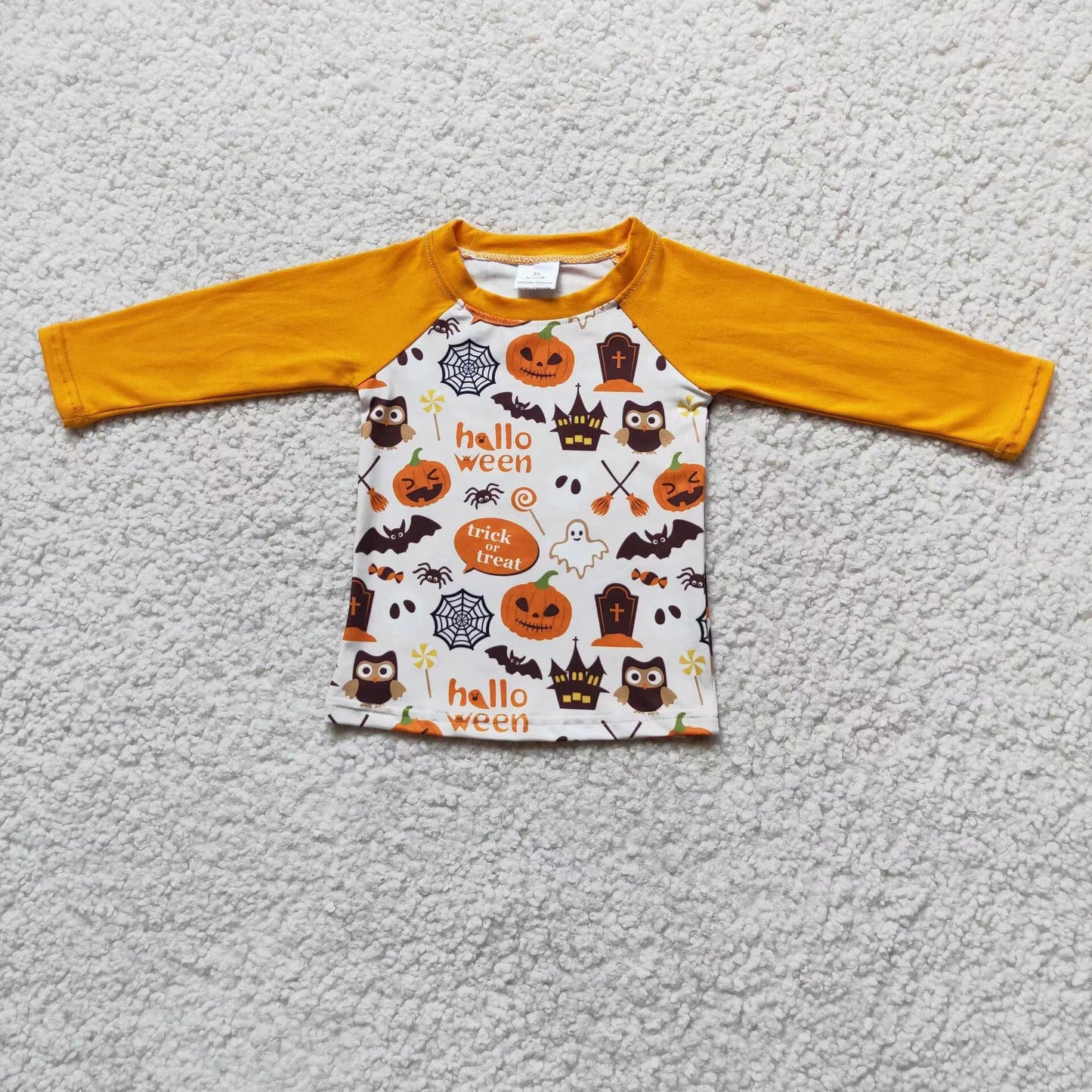 6 A17-18 Halloween boy pumpkin orange raglan white long sleeve top 20230505 RTS