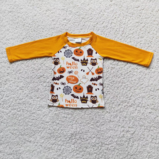 6 A17-18 Halloween boy pumpkin orange raglan white long sleeve top 20230505 RTS