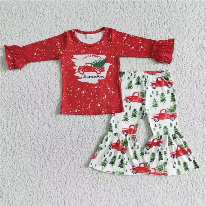 6 A17-29 Christmas tree girl red car ruffle long sleeve bell bottom girl outfit 20230530