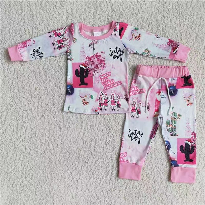 promotion 6A17-4 Christmas girl cold outside pink cartoon cactus long sleeve pajamas girl outfit 20230606