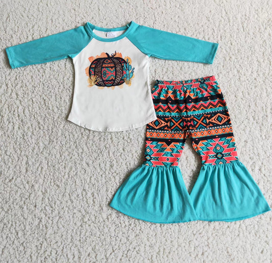 6 A18-14 girl pumpkin blue raglan ruffles long sleeve bell bottom pant girl outfit 20230516 RTS