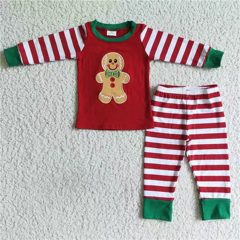 6 A18-15 RTS christmas stripered long sleeve embroidery ginger bread pants pajamas outfit 20230724 RTS