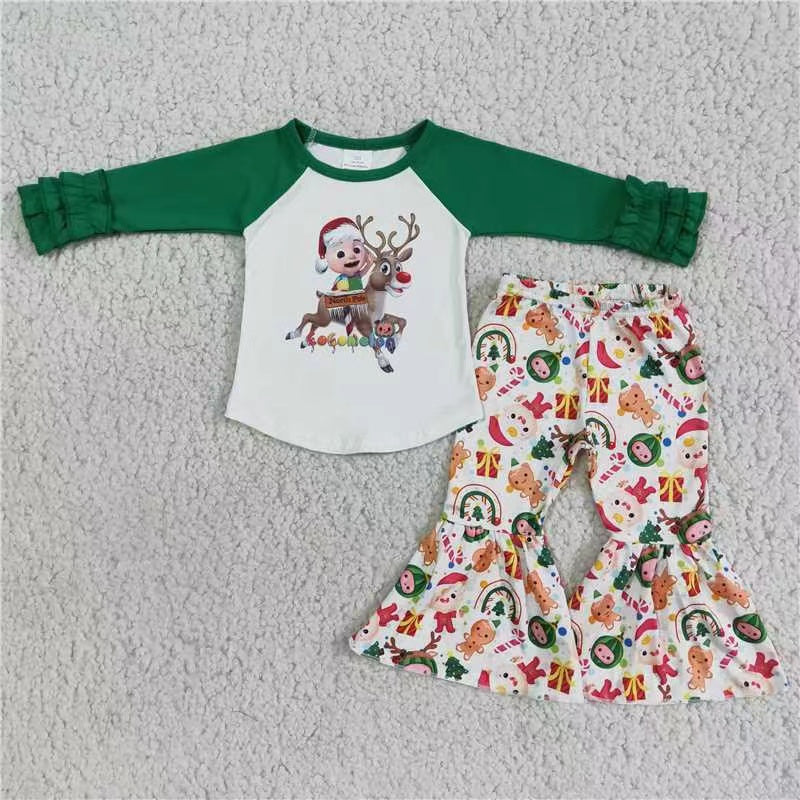 promotion 6 A18-20 Cartoon girl christmas deer long sleeve bell bottom pant girl outfit 202408