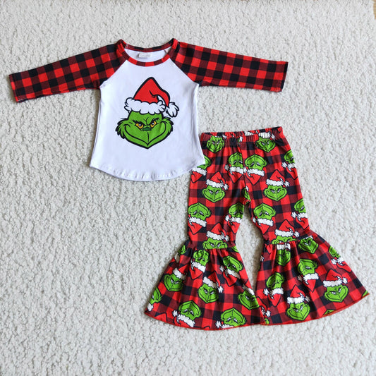 6 A18-30 Christmas girl green cartoon plaid raglan white long sleeve bell bottom pants girl outfit 20230527 RTS