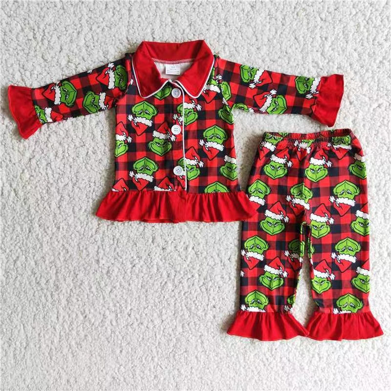 6 A19-15 Christmas girl green cartoon button red collar lace long sleeve pajamas girl outfit 20230530 RTS