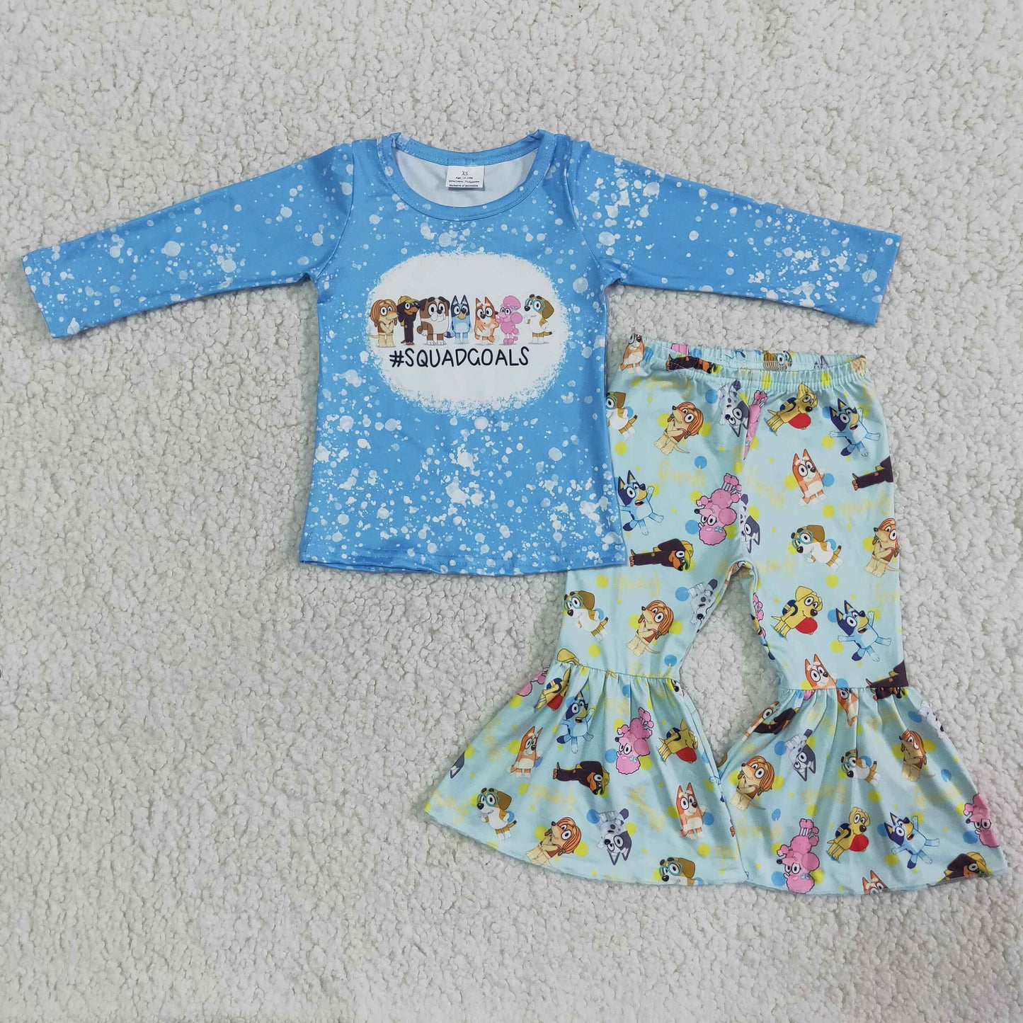 promotion 6 A7-4 cartoon print blue girl long sleeve bell bottom pant outfit