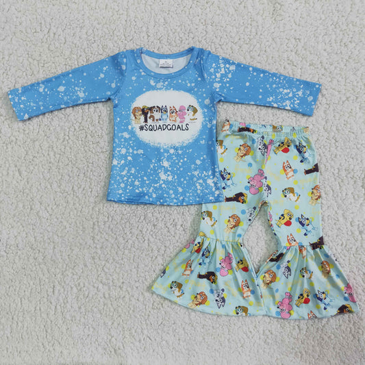 promotion $2.99 2026.10.10 6 A19-4 Girl cartoon dogs blue long sleeve bell bottom pant outfit（副本）