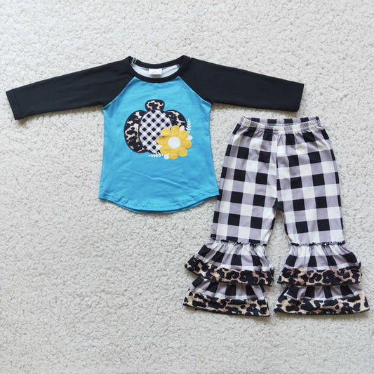 promotion RTS 6 A2-17 Pumpkin Flower Long Sleeve Ruffle Pants Girl Outfit