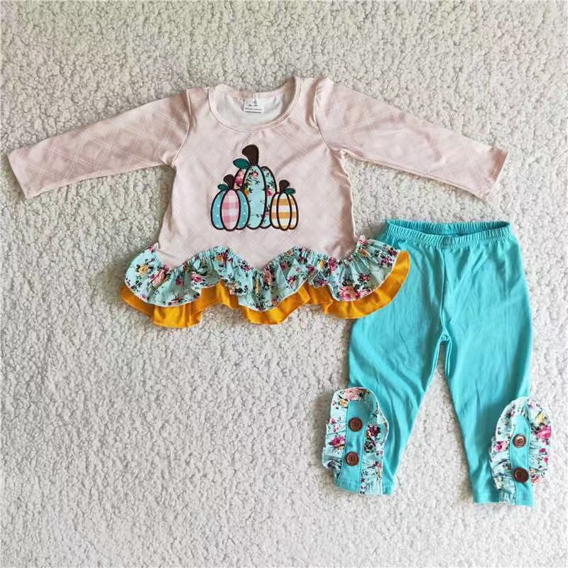 6 A2-28 halloween long sleeve pink Embroidery pumpkin ruflles girl outfit 20230724 RTS