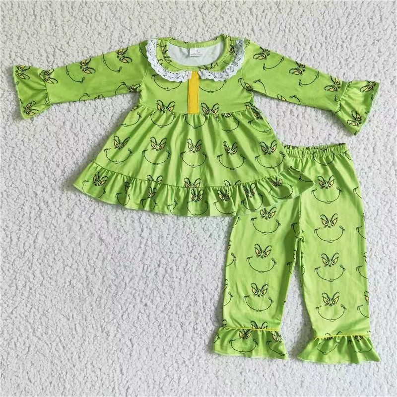 RTS Girl green cartoon kids clothes dress lace long sleeve pants girl outfit 20230606 RTS