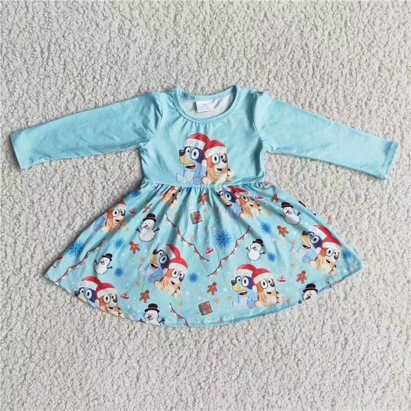 6 A20-27 christmas cartoon dog blue long sleeve girl dress