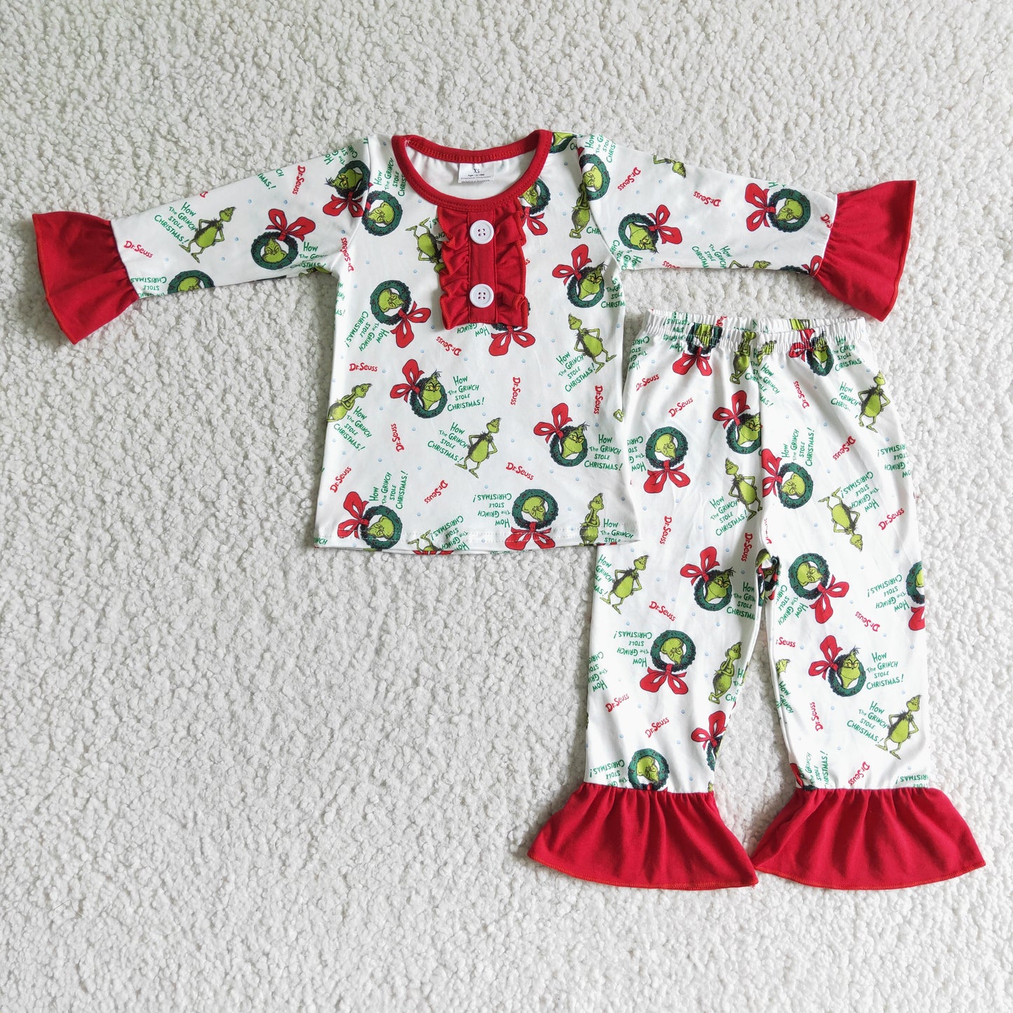 promotion 6A20-3 Girl green cartoon button long sleeve top red lace pants pajamas outfit 20230720 RTS