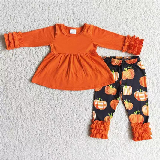 6A21-12 pumpkin orange ruffles orange tunic long sleeve legging girl outfit 20230516 RTS